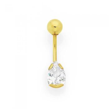 9ct Gold CZ Pear Belly Bar