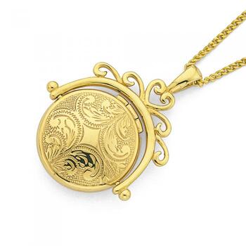 9ct Gold 21mm Filigree Engraved Domed Round Spinner Locket