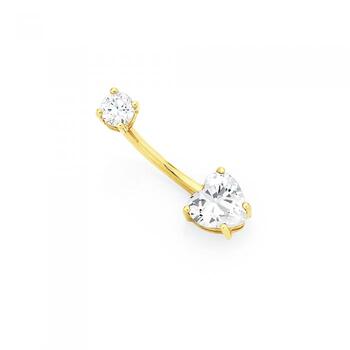 9ct Gold CZ Round & Heart Belly Bar