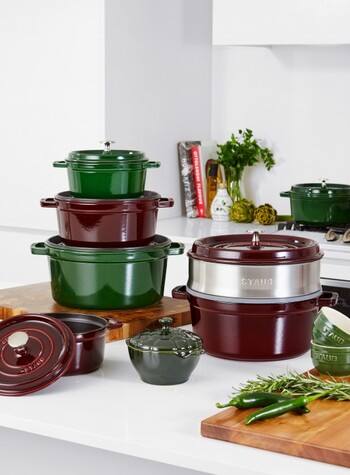 Staub Cast Iron Cookware in Grenadine or Basil Green