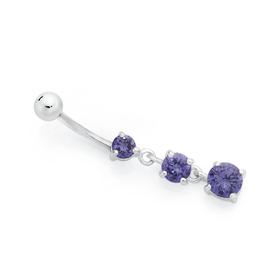 Silver-Stainless-Steel-Purple-Cubic-Zirconia-Triple-Drop-Belly-Bar on sale