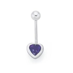 Silver-Stainless-Steel-Purple-Cubic-Zirconia-Heart-Belly-Bar on sale