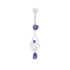 Silver-Stainless-Steel-Purple-CZ-Fancy-Filigree-Pear-Drop-Belly-Bar on sale