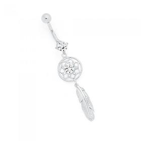 Silver-Steel-CZ-Dreamcatcher-Belly-Bar on sale