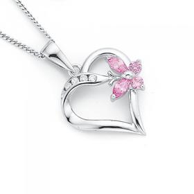 Sterling-Silver-Pink-Cubic-Zirconia-Butterfly-Heart-Pendant on sale
