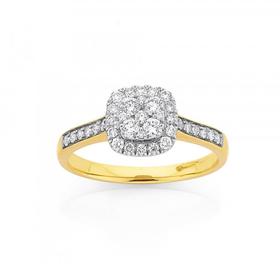 9ct-Gold-Diamond-Cushion-Shape-Cluster-Ring on sale