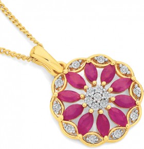9ct-Gold-Natural-Ruby-Diamond-Wreath-Flower-Pendant on sale