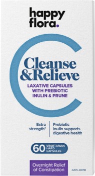 NEW-Happy-Flora-Cleanse-Relieve-Laxative-Capsules-with-Prebiotic-Inulin-Prune-60-Vegetarian-Hard-Capsules on sale