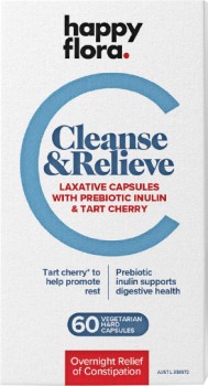 NEW-Happy-Flora-Cleanse-Relieve-Laxative-Capsules-with-Prebiotic-Inulin-Tart-Cherry-60-Vegetarian-Hard-Capsules on sale