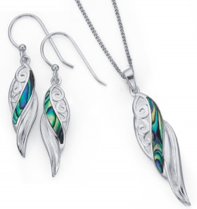 Sterling-Silver-Paua-Shell-Scroll-Twist-Pendant-Earrings-Set on sale
