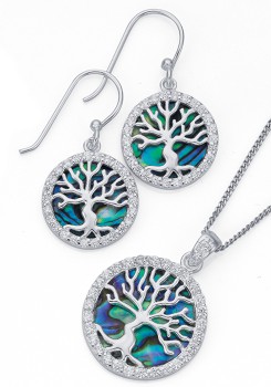 Sterling-Silver-Paua-Shell-and-Cubic-Zirconia-Tree-of-Life-Earrings-Pendant-Set on sale