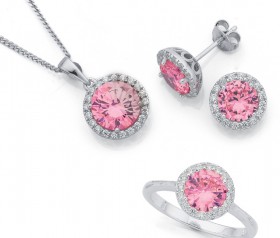 Sterling-Silver-Pink-Cubic-Zirconia-Earrings-Pendant-Ring-Set on sale