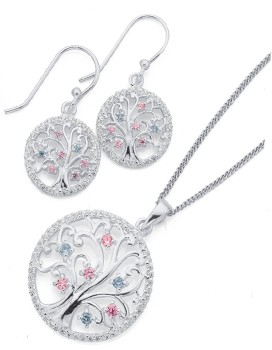 Sterling-Silver-Pink-Cubic-Zirconia-Tree-of-Life-Earrings-Pendant-Set on sale