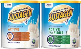 Sustagen-Hospital-Formula-Active-Vanilla-or-Hospital-Formula-Active-Plus-Fibre-Vanilla-840g on sale