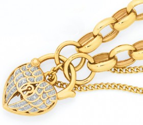 9ct-Gold-19cm-Solid-Oval-Belcher-Diamond-Angel-Wings-Padlock-Bracelet on sale