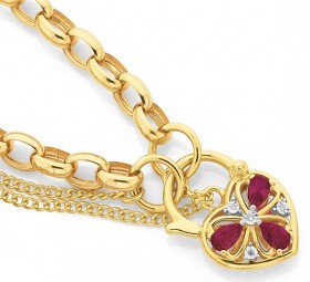 9ct-Gold-19cm-Solid-Belcher-Diamond-Created-Ruby-Padlock-Bracelet on sale