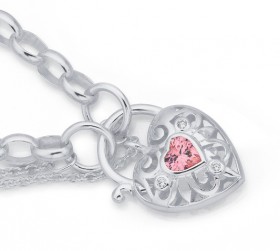 Sterling-Silver-Pink-CZ-Padlock-Bracelet on sale